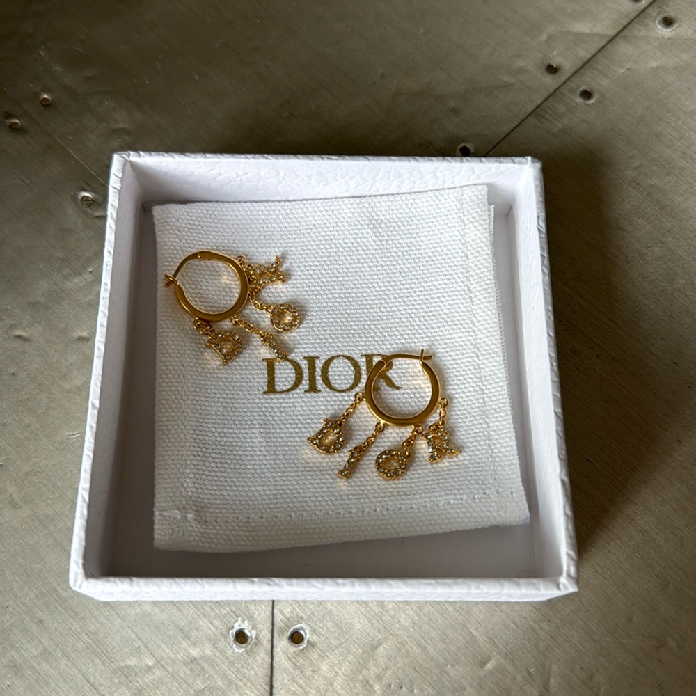 Christian Dior gold crystal drop logo earrings with box and pouch